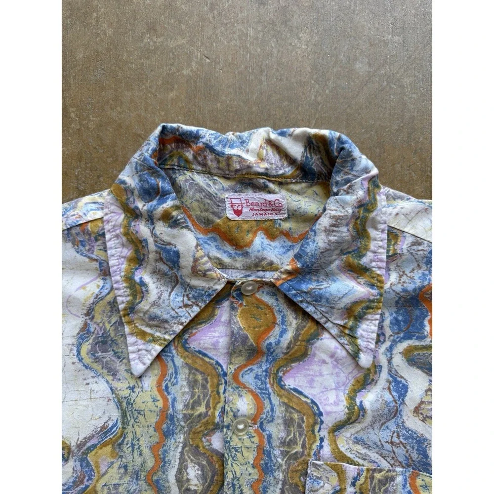VTG 60s 70s Beard & Co Psychedelic AOP Button Up Shirt Short Sleeve Novelty M